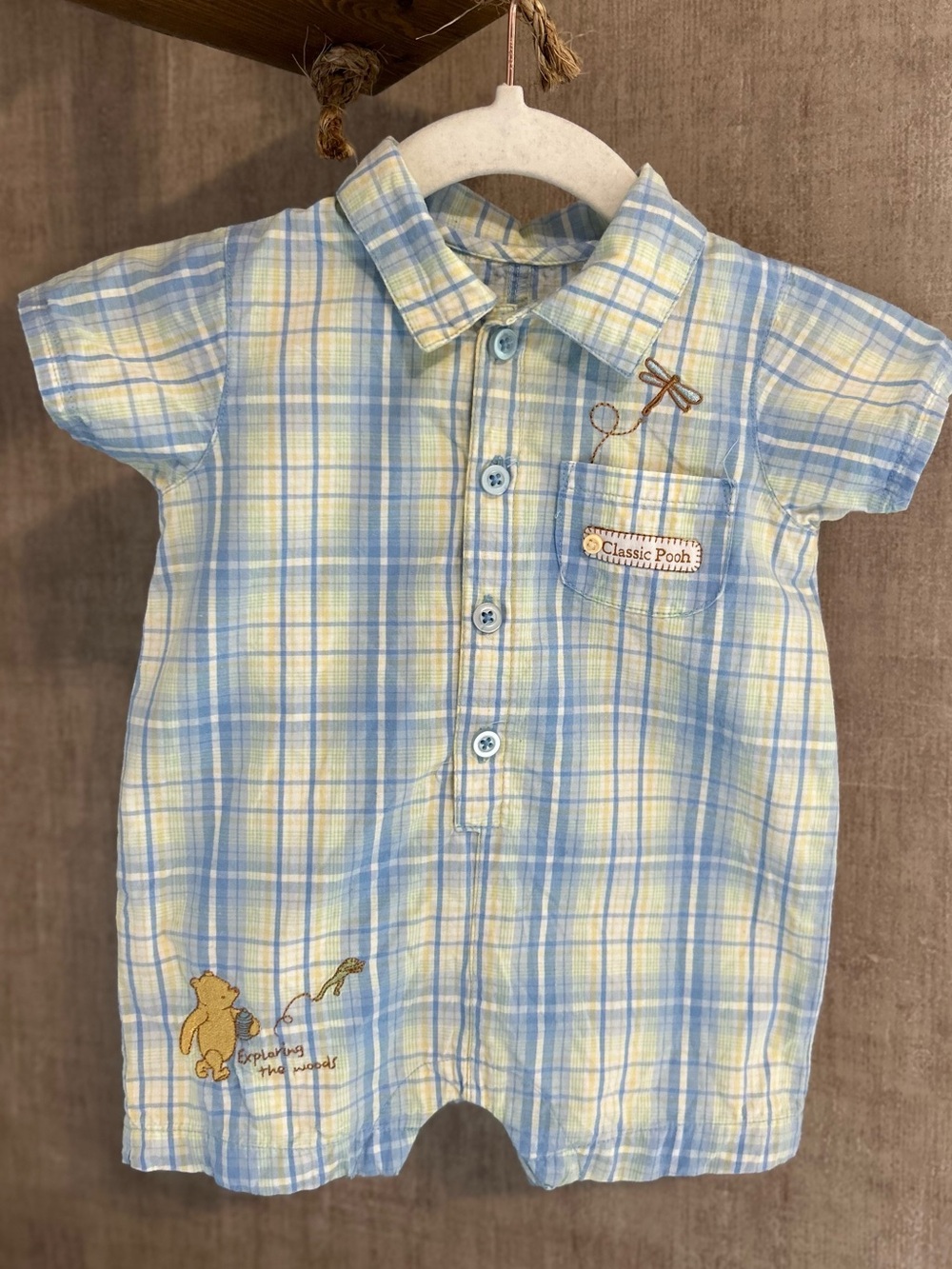 2008 Classic Pooh Blue Plaid Baby Romper